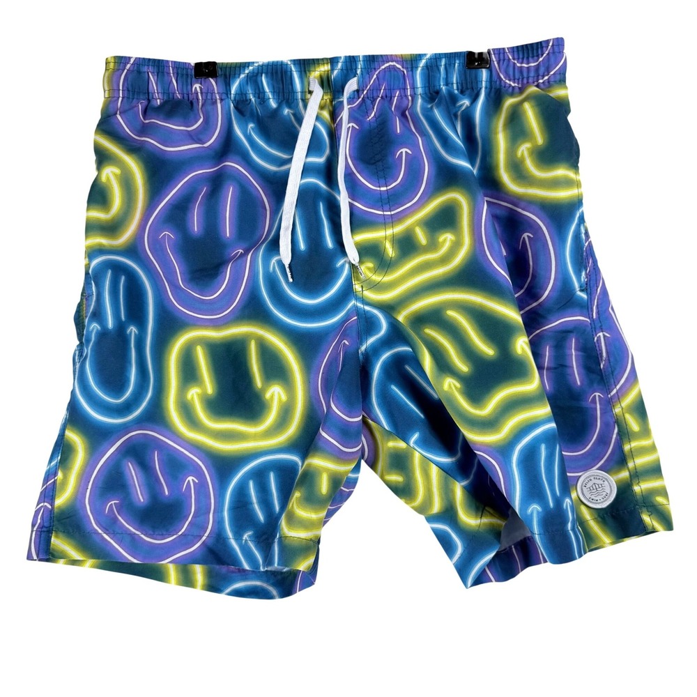 Brooklyn Cloth Volley Swim Trunks Mens Medium Neon Smiley Face Rave Psychedelic